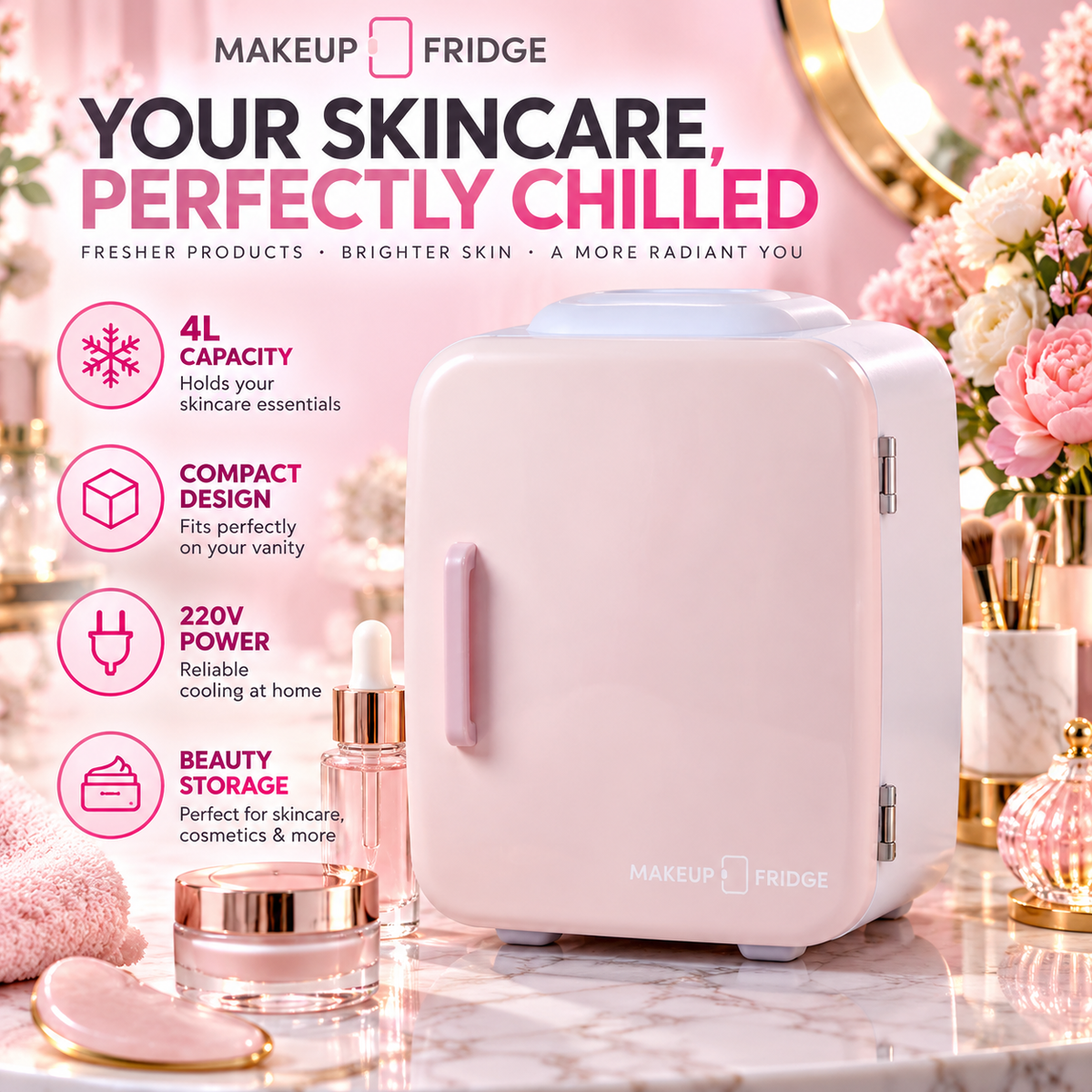Makeup Fridge 4 Litre 220V - 7" x 9" x 9.9" - Pink - FROM BEAUTYBAY RRP £65