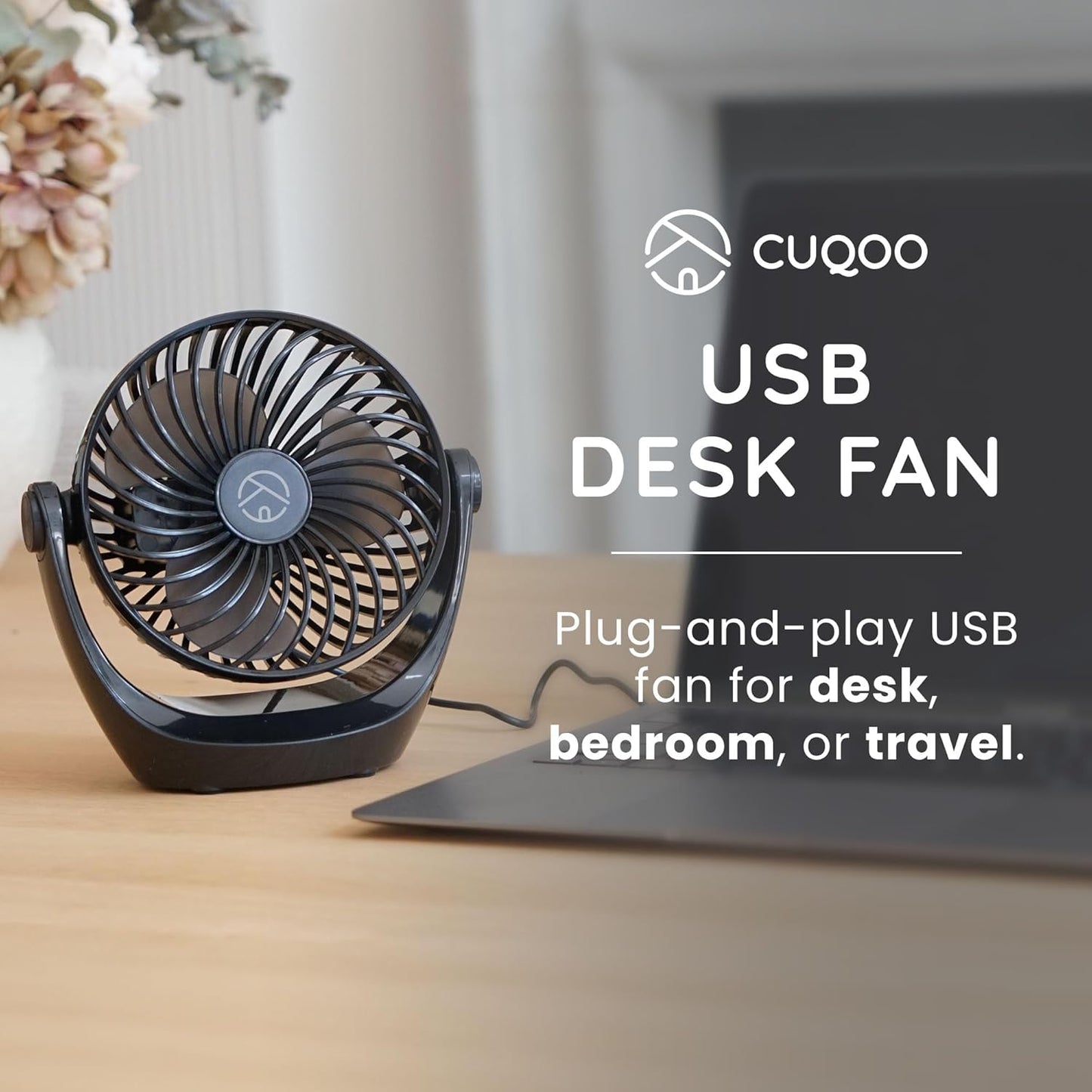 Cuqoo USB Desk Fan – 360° Rotatable USB Powered Portable Small Desktop Fan - Black (AMAZON ASIN B0BW9J89V6)