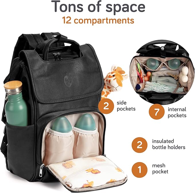 Baby Uma Award Winning Baby Changing Bag Backpack- Black Leather