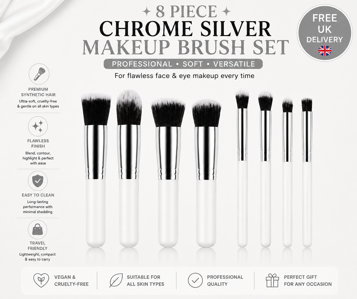 8pc Makeup Brush Set - White and Silver