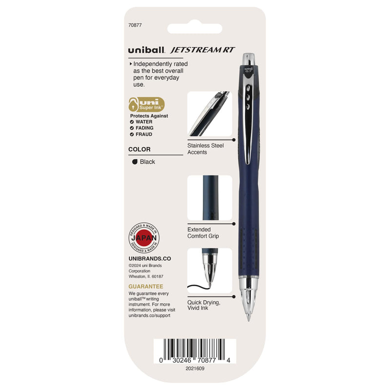 Uni-Ball Jetstream Retractable Ball Point Pens,0.7mm, Black Ink, 3-Count