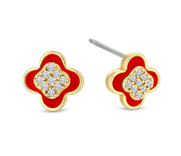 Diamond Style London - Clover earrings in yellow gold plating with red en (Item code: Cloverearrredgold)