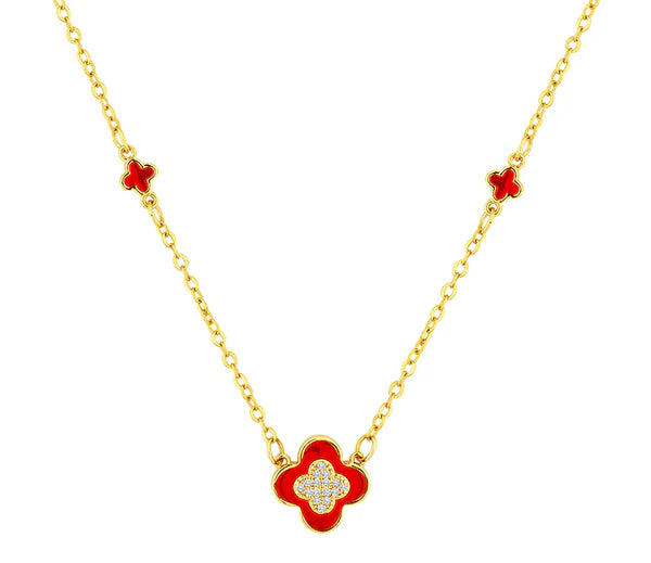 Diamond Style London - Clover necklace in yellow gold plating and red ena (Item code: Cloverneckredgold)