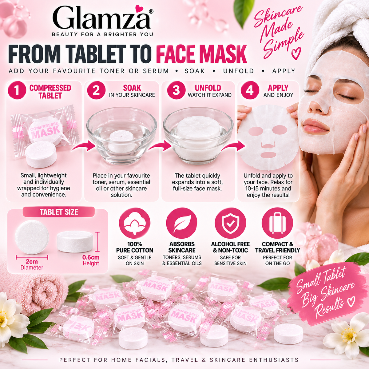 100 Glamza Compressed Face Masks – DIY Facial Sheet Masks for Skincare