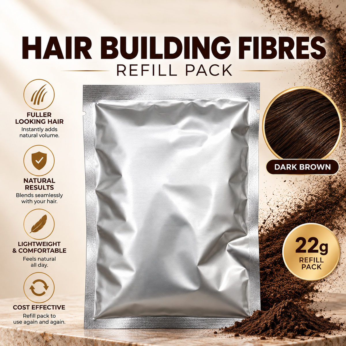 Dark Brown Hair Building Fibres Refill Pack 22g – Cellulose-Based Hair Fibres