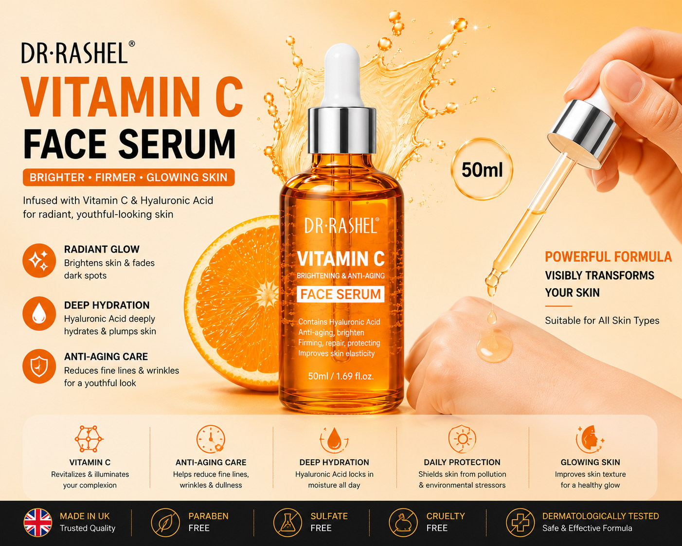 Dr Rashel Vitamin C Serum Brightening & Anti Ageing Facial Serum with Hyaluronic Acid for Face Lines & Wrinkles 50ml