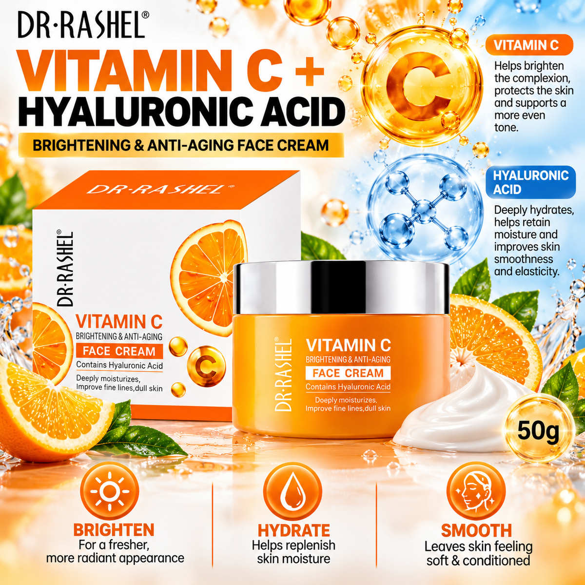 Dr Rashel Vitamin C Brightening & Anti Aging Face Cream with Hyaluronic Acid - 50g Tub