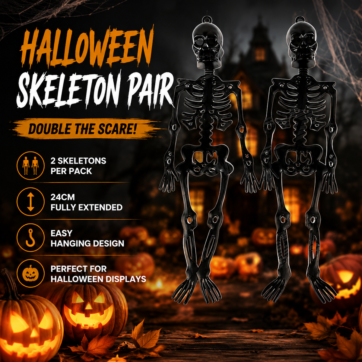 Halloween Hanging Skeleton Decorations – Black 24cm, Pack of 2