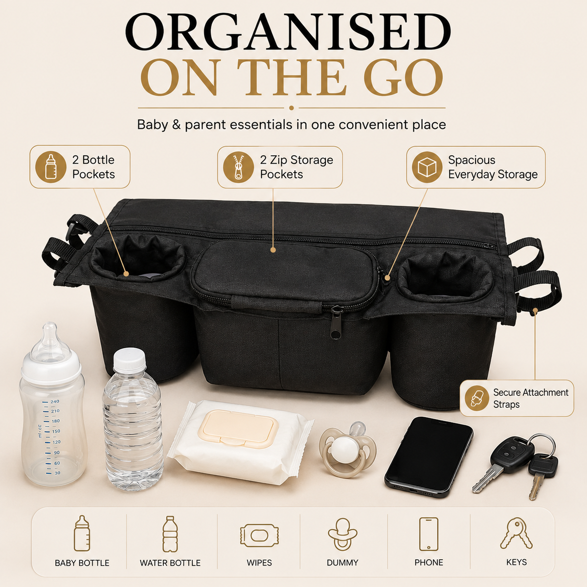 Generise Pram Storage Bag – Universal Pushchair Organiser with Bottle Holders & Zip Pockets