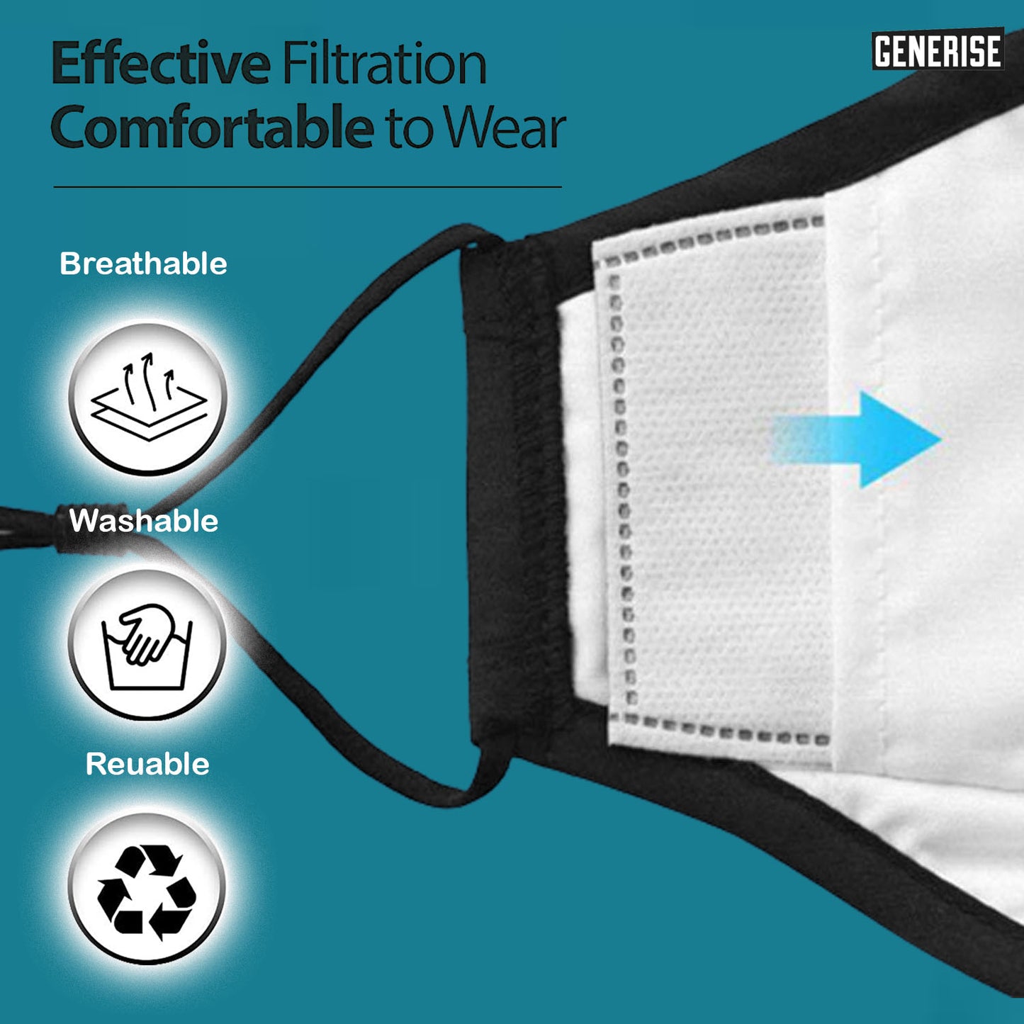 Generise Reusable Adjustable Face Mask with Filter Pocket and PM 2.5 Filter- Unisex- Black