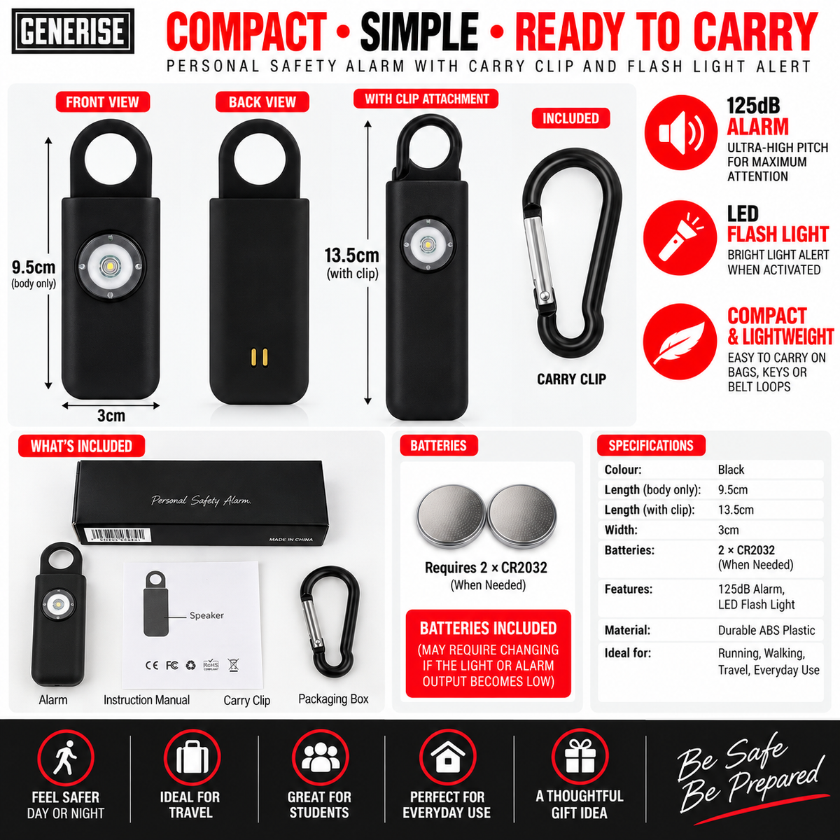 Self Defence Personal Safety Alarm 125dB with LED Flash Light & Carry Clip – Black
