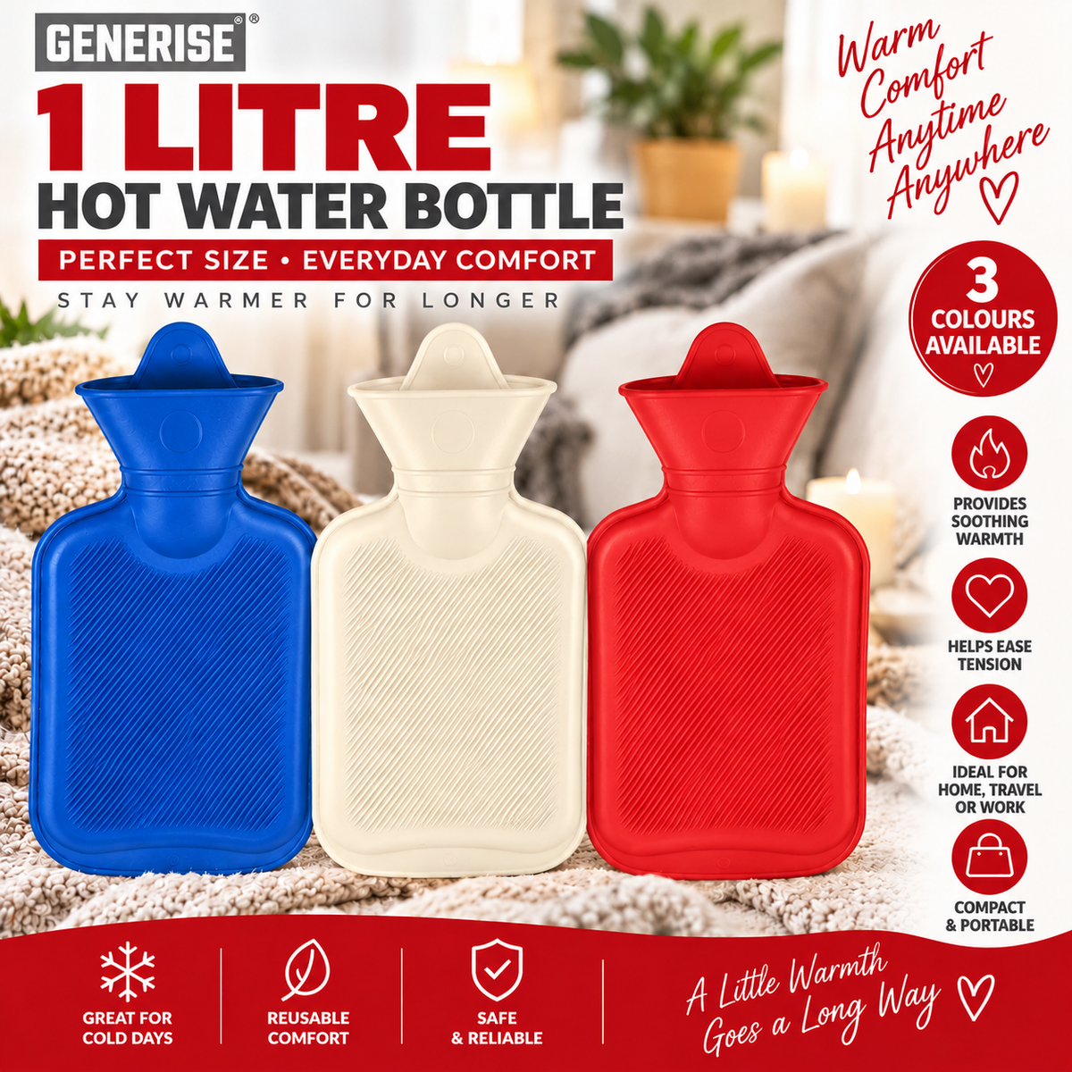 Generise 1 Litre Hot Water Bottle - RANDOM COLOUR SELECT