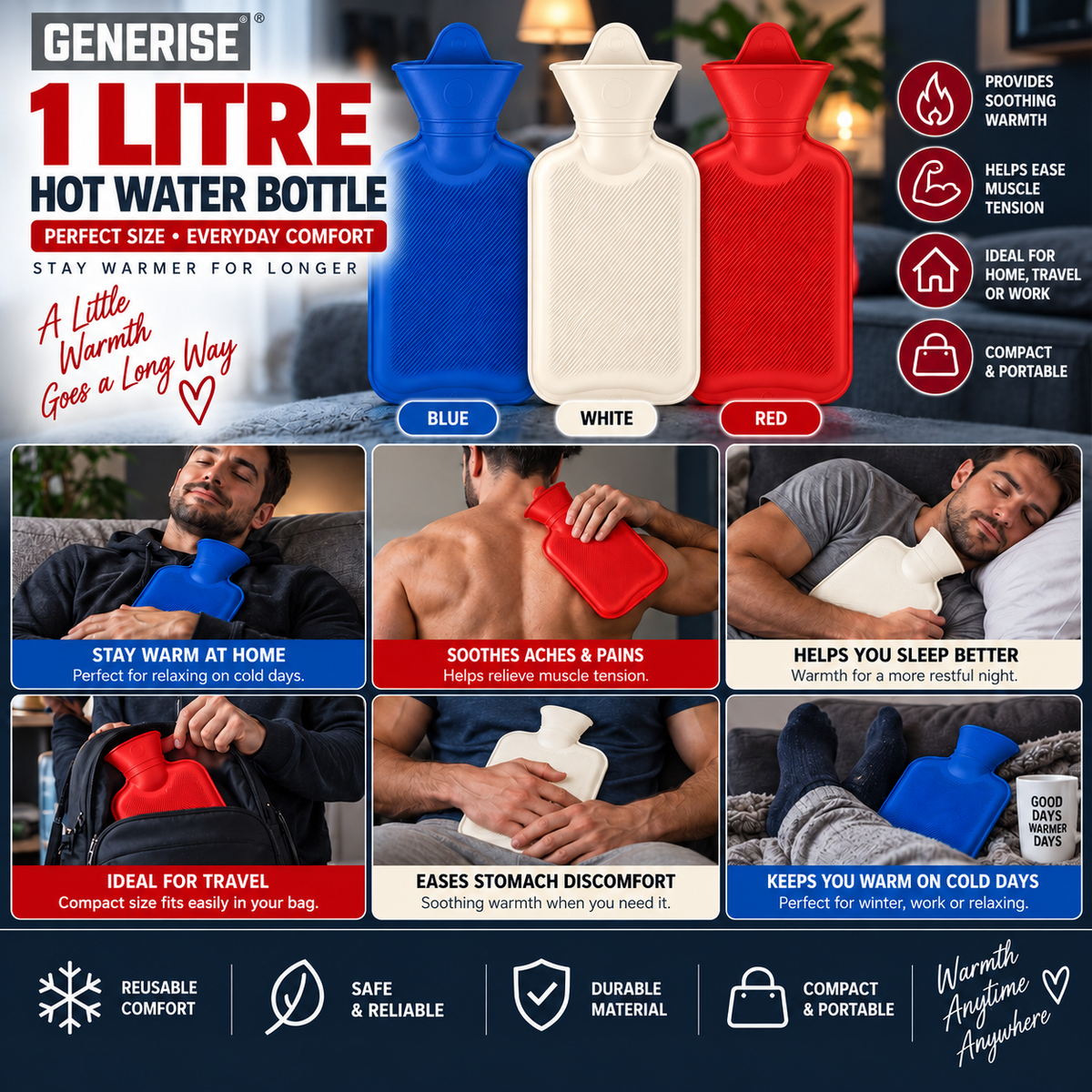 Generise Energy Saving Hot Water Bottles - 1 Litre