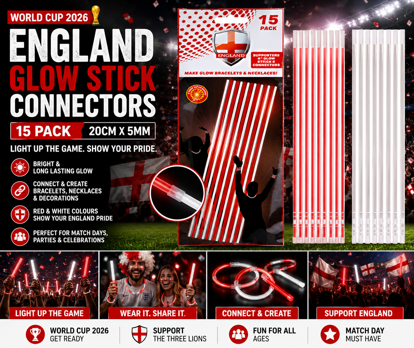 England World Cup 2026 Glow Stick Connectors – 15 Pack (20cm x 5mm) – Red & White
