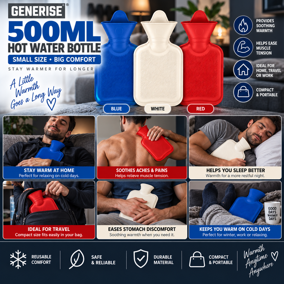 Generise 500ml Hot Water Bottle – Random Colour Select - Red, White or Blue | Compact Reusable Hot Water Bottle for Everyday Warmth - (OD4159)