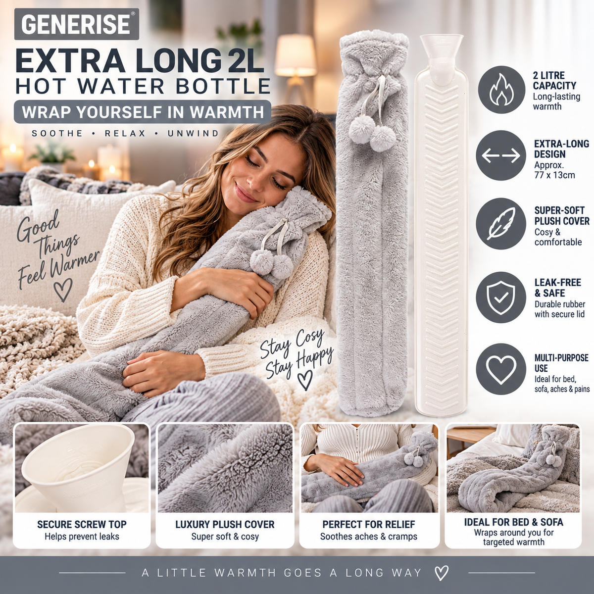 Generise 2 Litre Extra Long Hot Water Bottle with Plush Cover - Grey