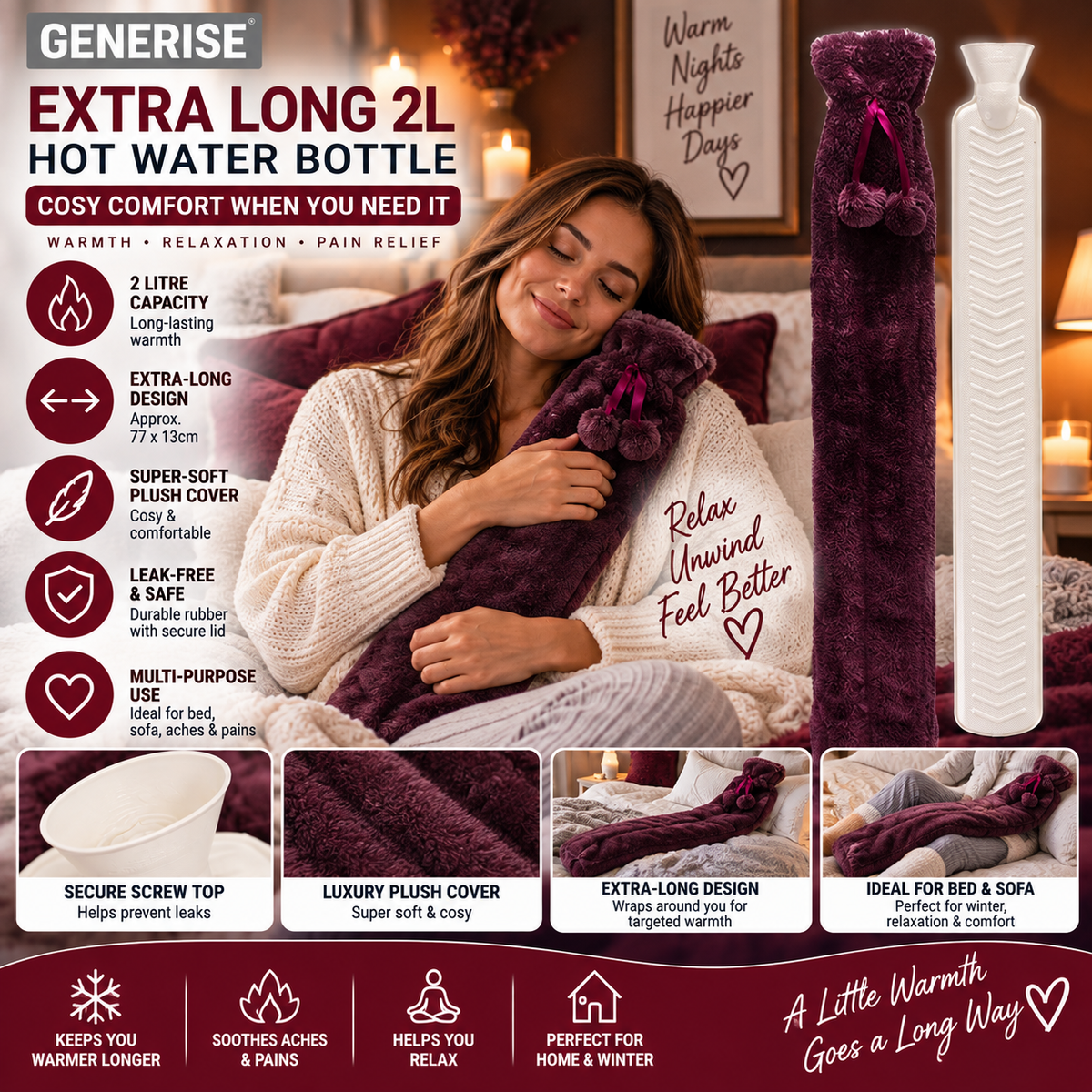 Generise 2 Litre Extra Long Hot Water Bottle with Plush Cover - Maroon