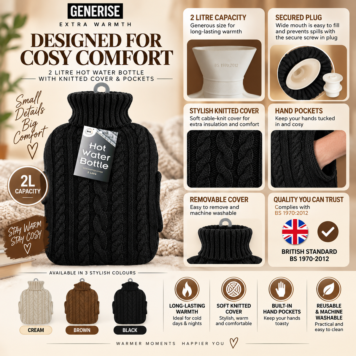 Generise 'EXTRA WARMTH' 2 Litre Hot Water Bottle with Knitted Cover and POCKETS