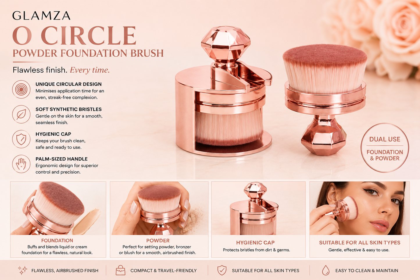 Glamza O Circle Rose Gold Foundation & Powder Brush