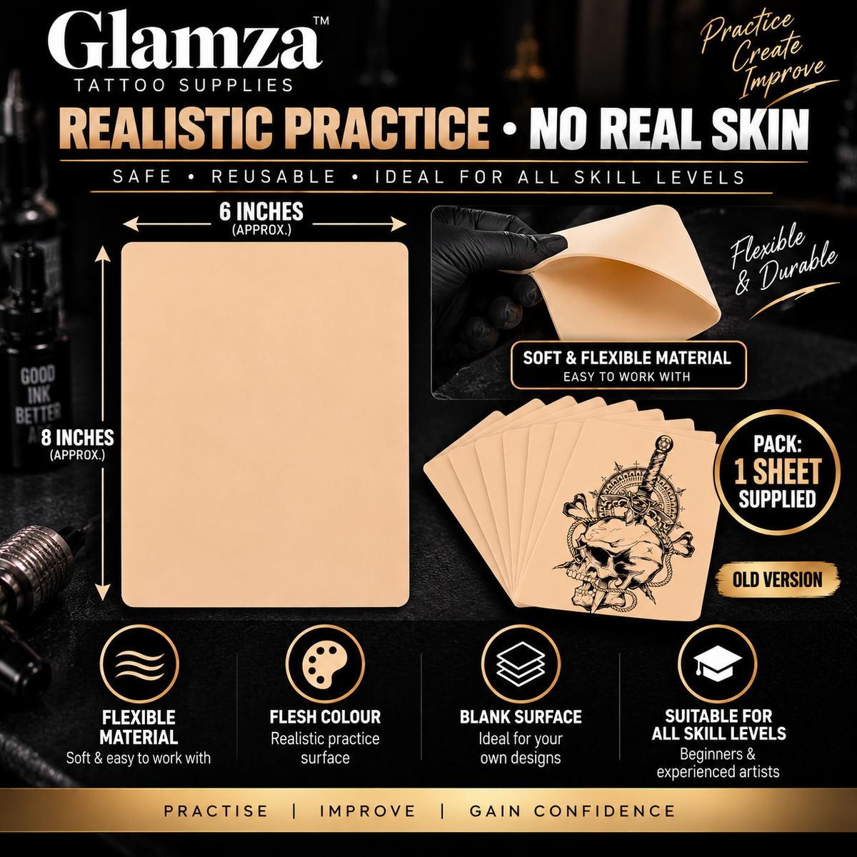 Tattoo Practice Skin 8 x 6 – Flesh Colour Synthetic Tattoo Skin – 1 Sheet