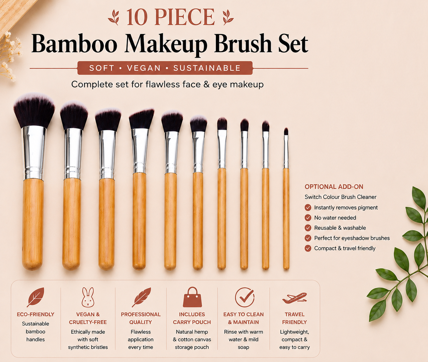 Glamza Bamboo Make Up Brush Set - 6pc or 10pc