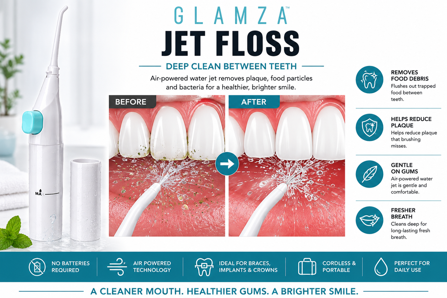 Glamza Power Floss Dental Water Jet – Cordless Air-Powered Oral Irrigator for Braces, Crowns & Implants | No Batteries Required