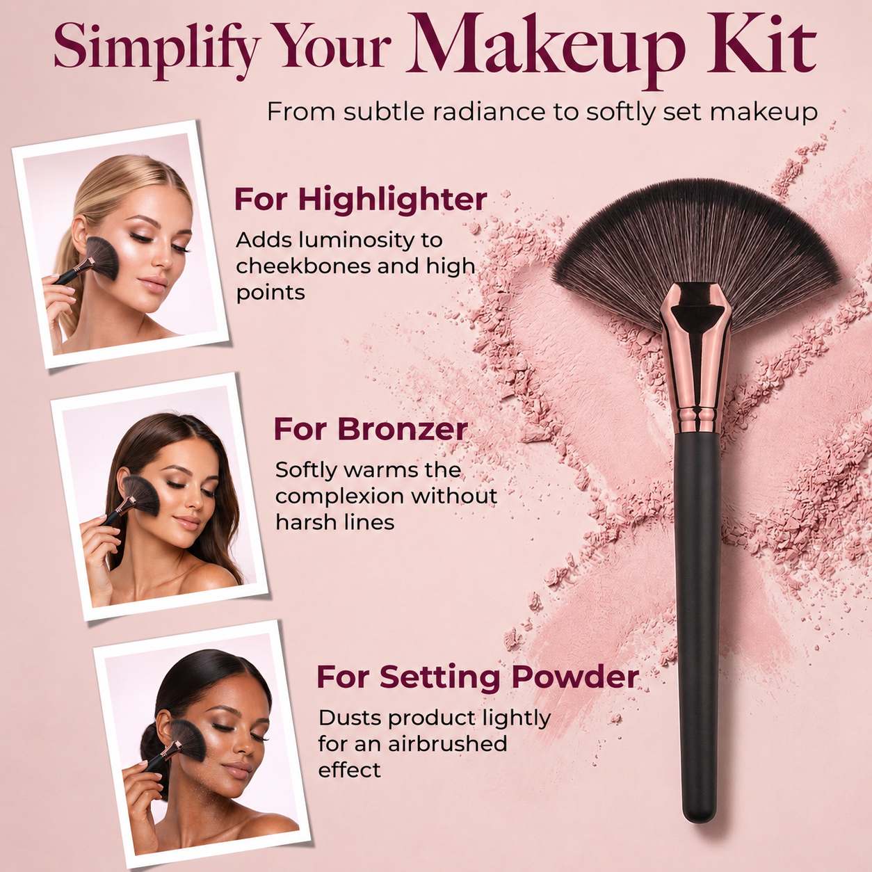 Large Fan Makeup Brush – Black Handle with Rose Gold Ferrule