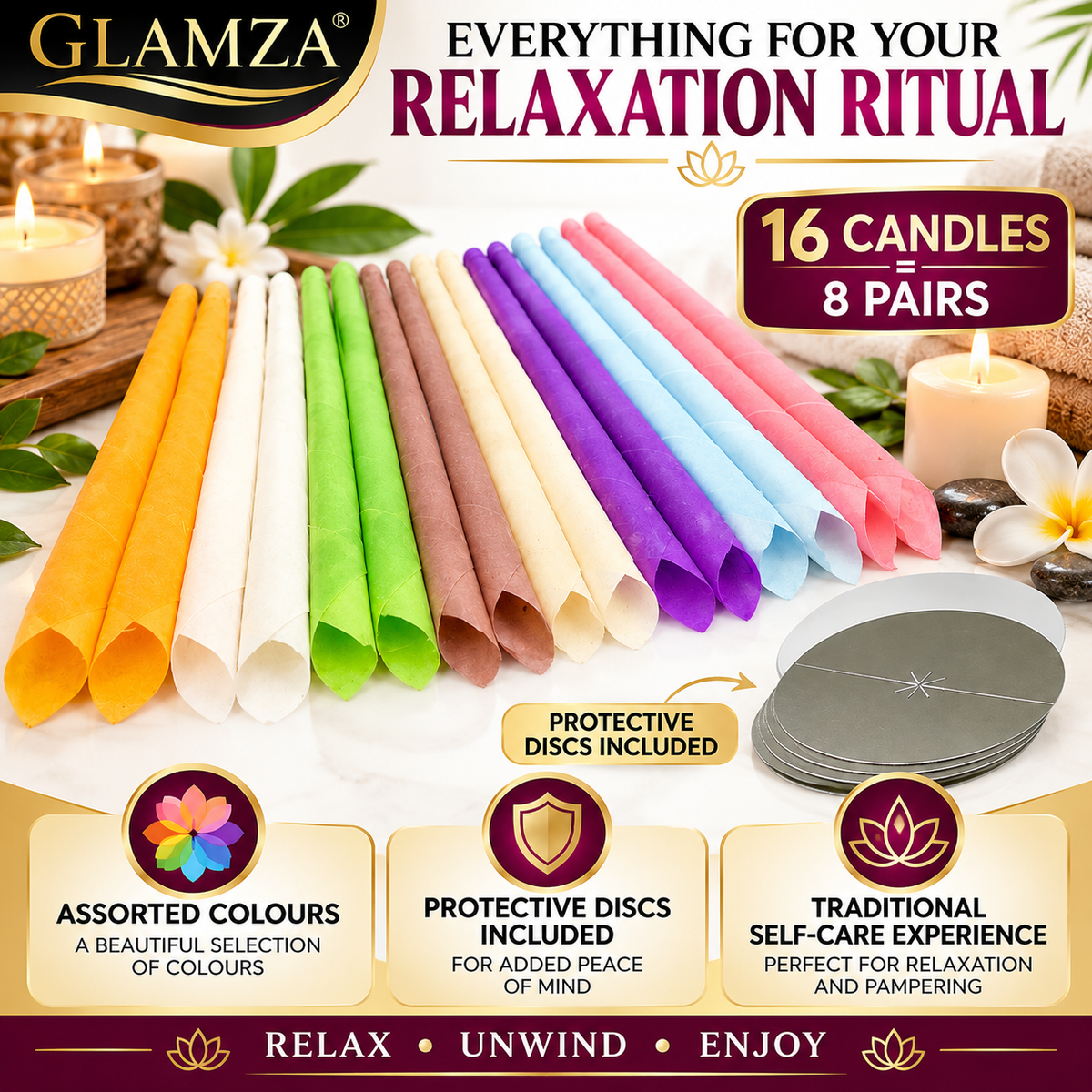 Glamza Clear Sound Premium Ear Candles – 16 Candles / 8 Pairs with Protective Discs (Unboxed)
