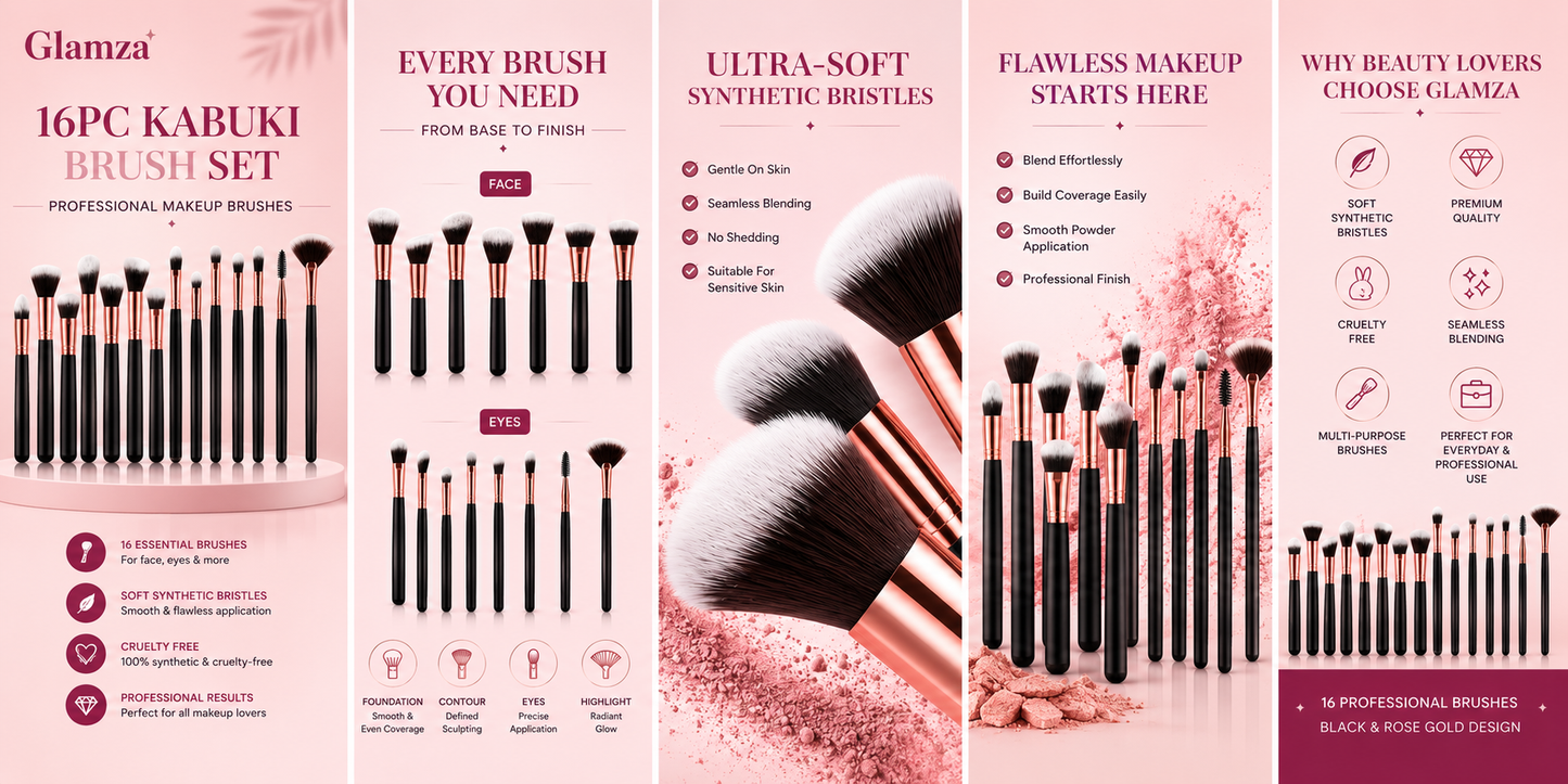 Glamza 16pc Kabuki Make Up Brush Set - Black and Gold