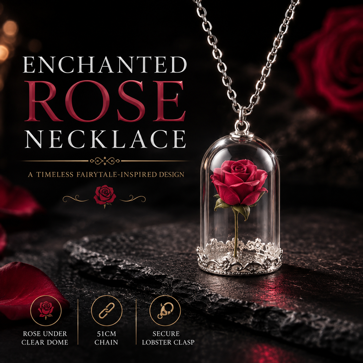 Beauty & the Beast Inspired Red Rose Dome Pendant Necklace – Silver-Tone 51cm Chain