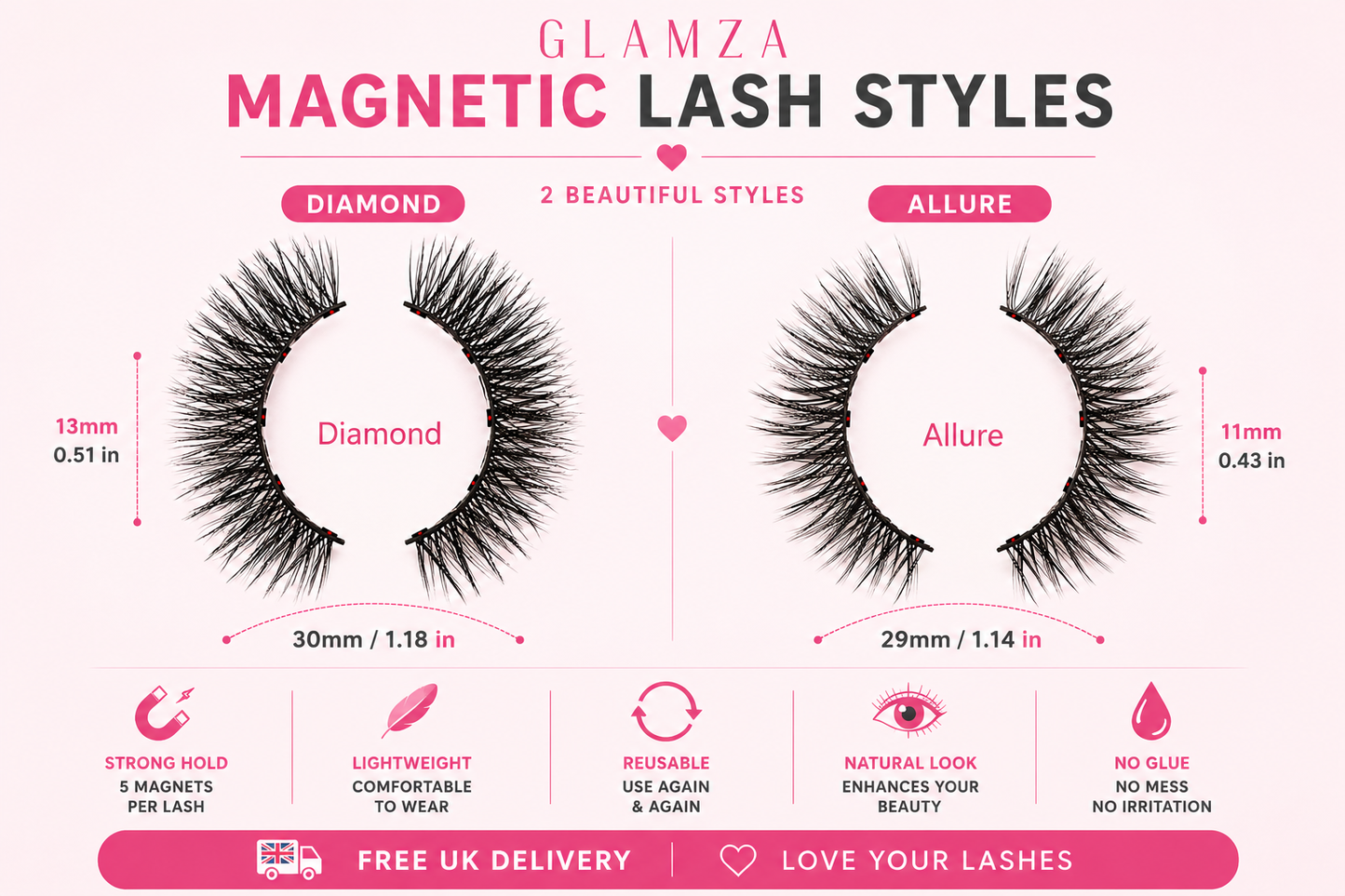 Glamza Magnetic Eyeliner & Magnetic Eyelash Kit with Applicator Tweezer | Diamond or Allure Styles