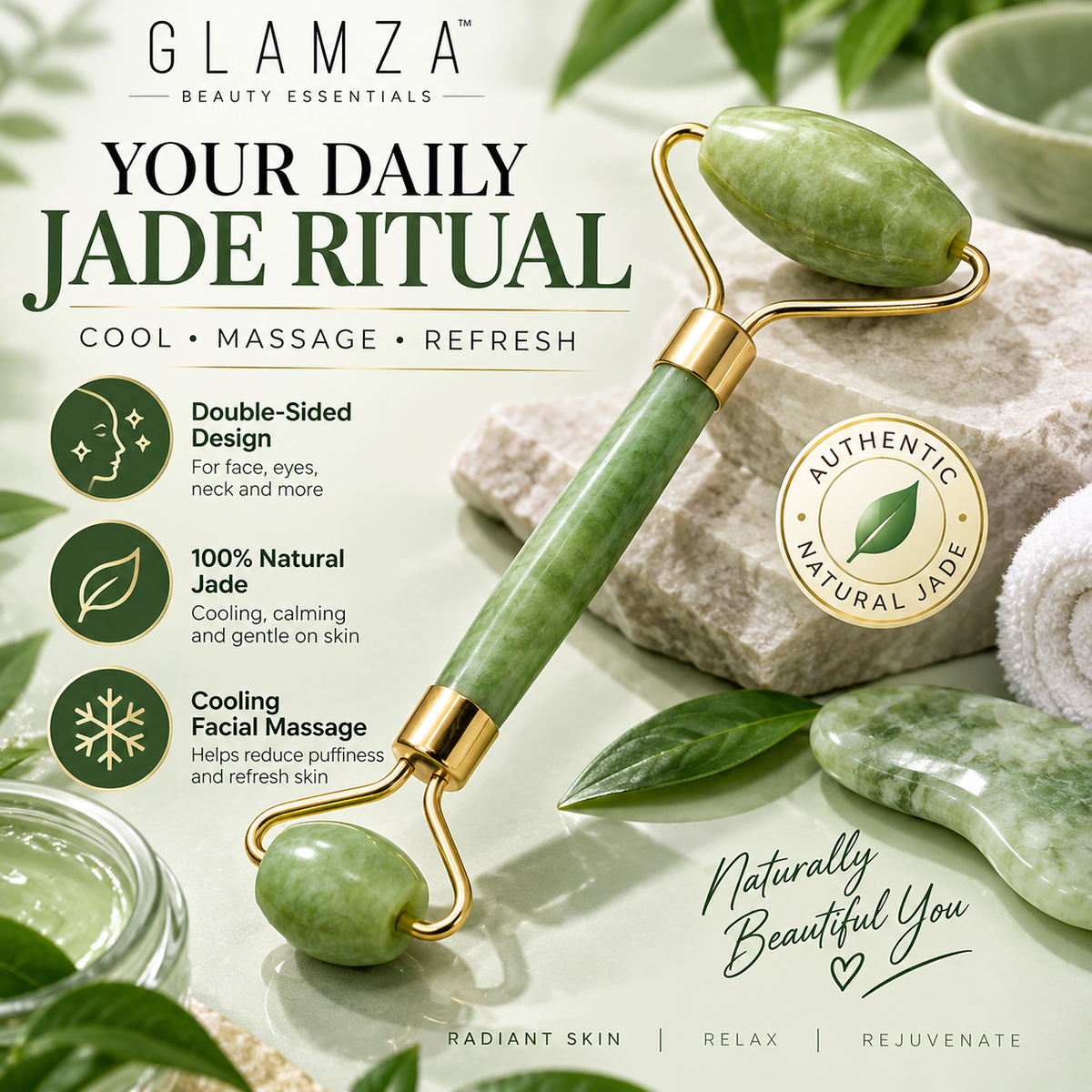 Glamza Jade Roller – Double-Sided Natural Facial Massager