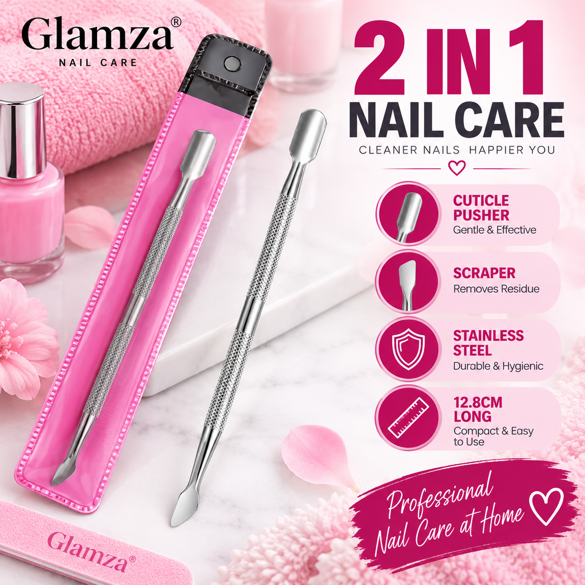 Glamza 2 in 1 Double Ended Cuticle Pusher & Scraper – Stainless Steel Manicure Nail Tool