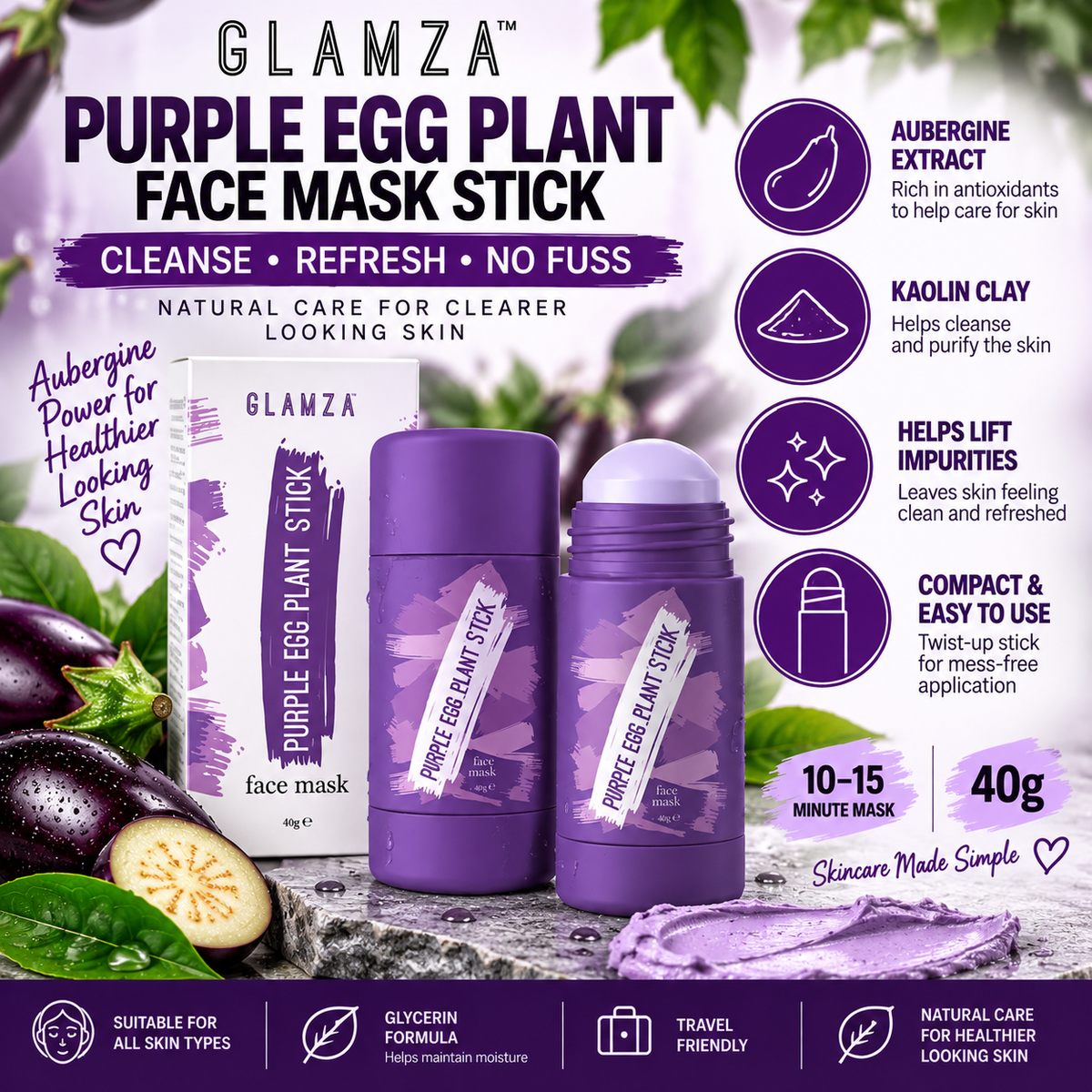 Glamza Aubergine Face Mask Sticks – 40g Purifying Clay Masks