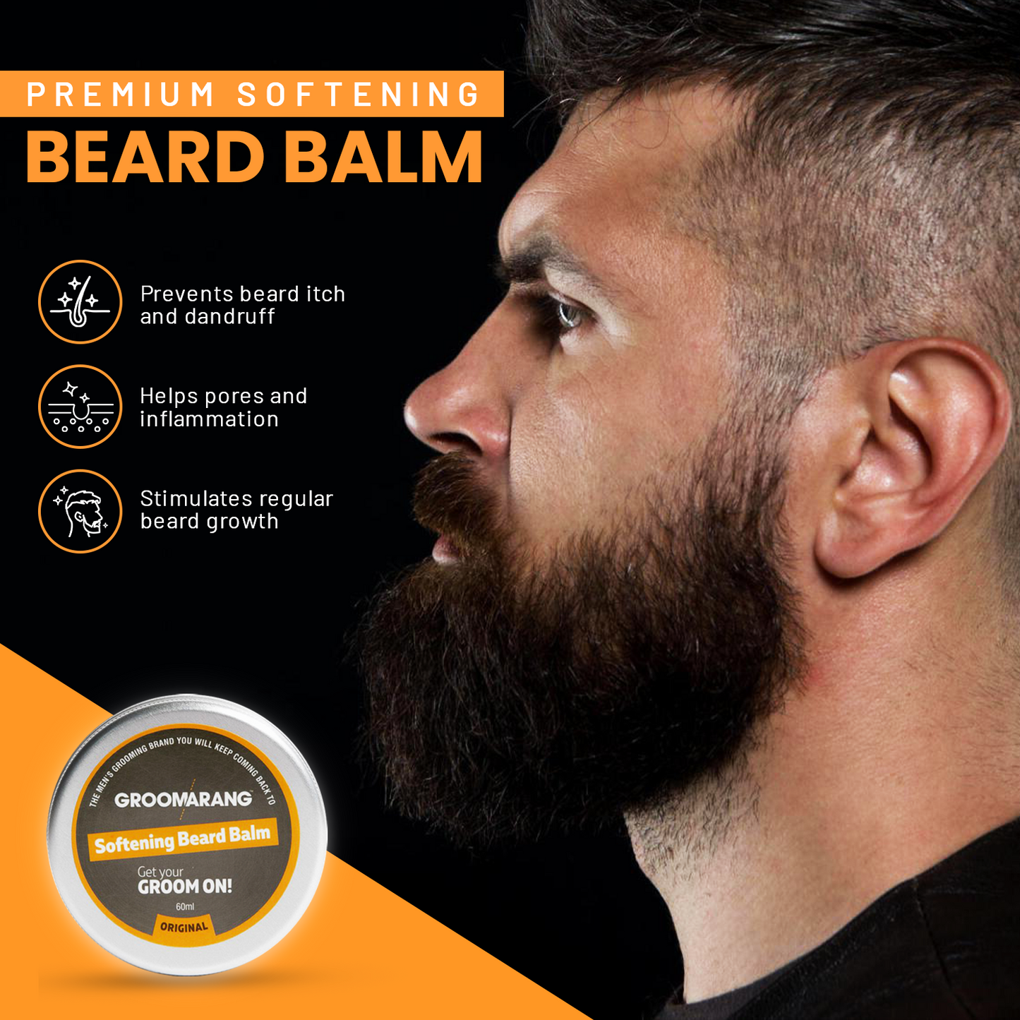 Groomarang Softening Beard Balm 60ml - Enriched with Sweet Almond Oil, Jojoba, Limonene & Linalool