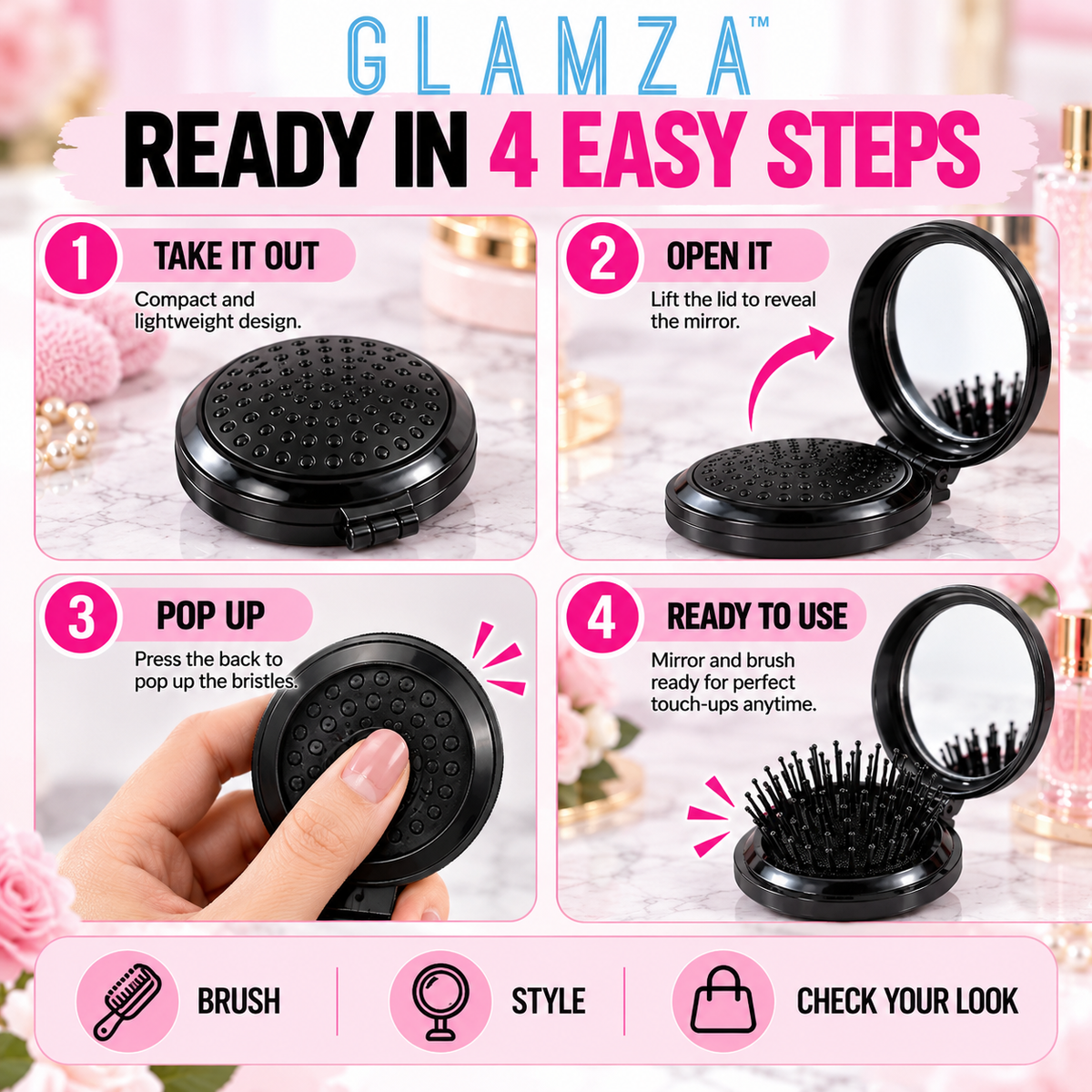 Glamza Round Folding Detangle Hair Brush with Mirror