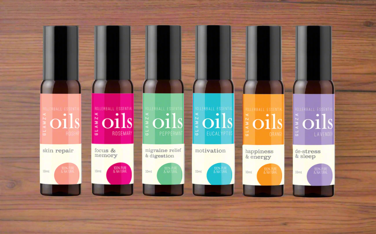 Glamza Premium Essential Oils 10ml Roll On - 100% Pure Lavender, Orange, Peppermint, Eucalyptus, Rosemary, Rosehip.