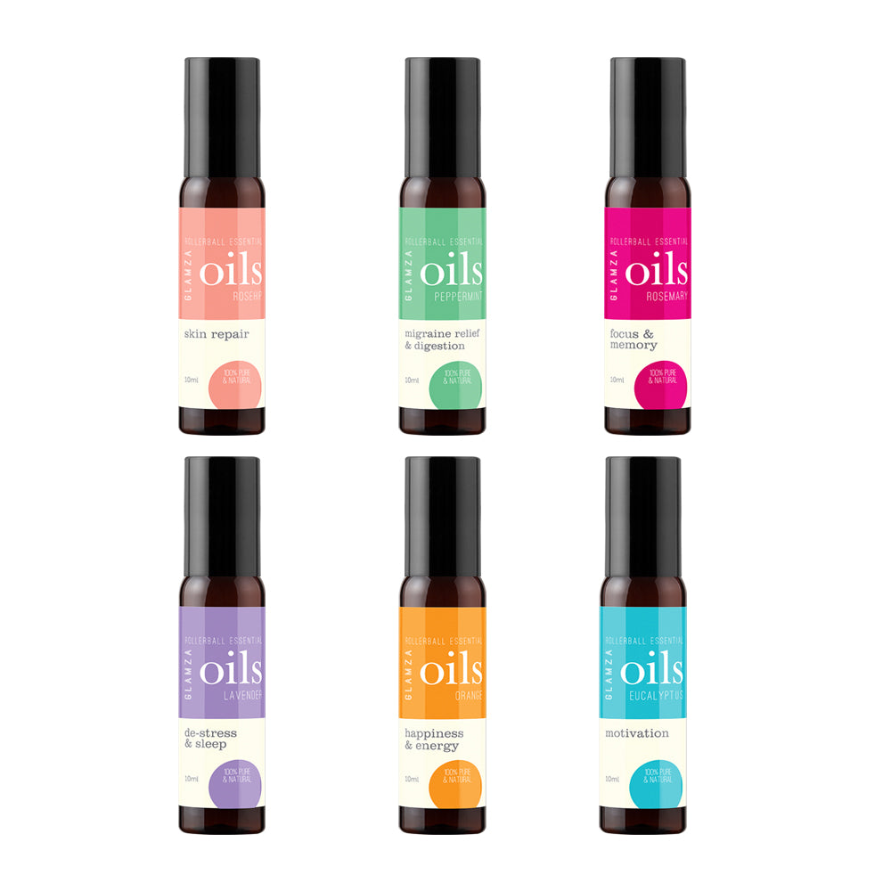 Glamza Premium Essential Oils 10ml Roll On - 100% Pure Lavender, Orange, Peppermint, Eucalyptus, Rosemary, Rosehip.