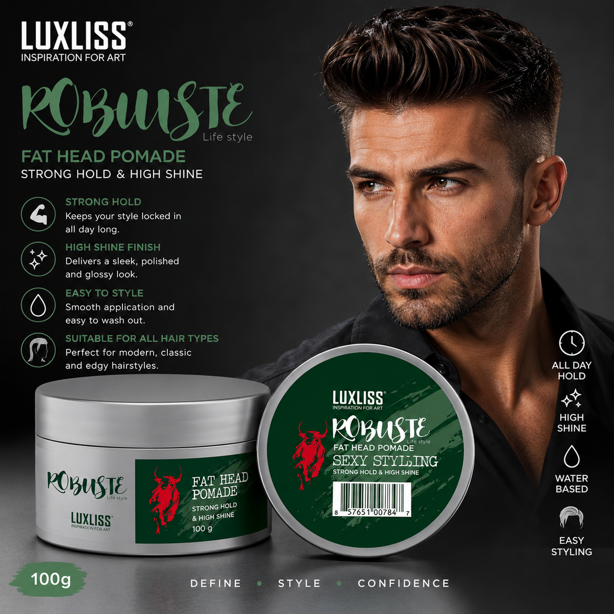 Luxliss Men Robuste Fat Head Pomade 100g – Strong Hold & High Shine