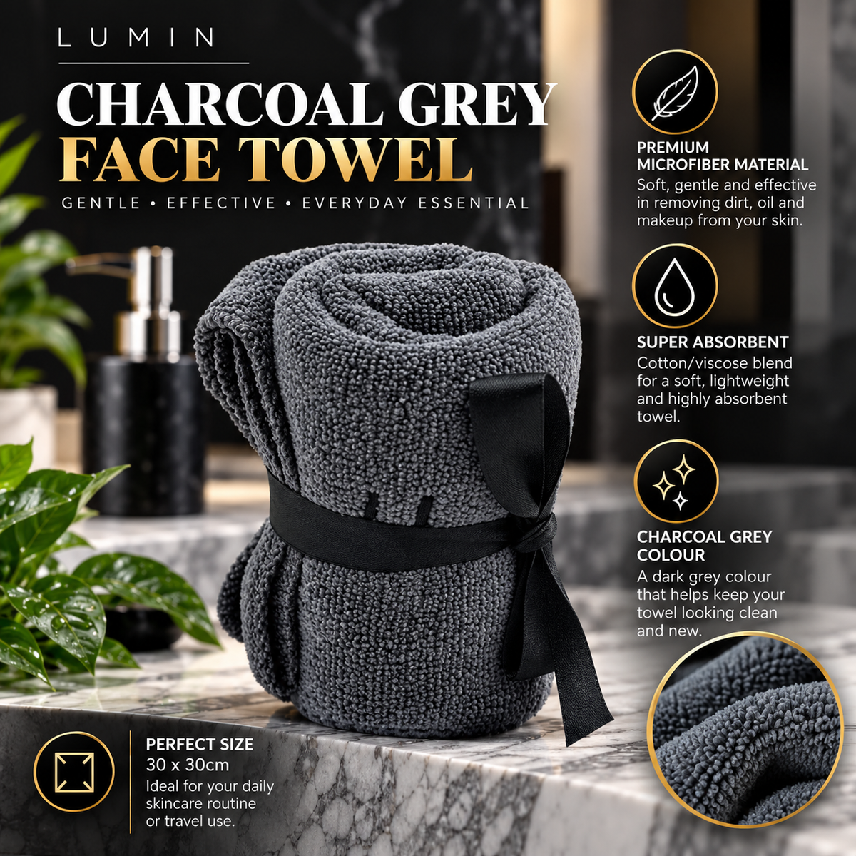 Lumin Charcoal Grey Face Towel – Soft & Absorbent 30 x 30cm Skincare Cleansing Cloth