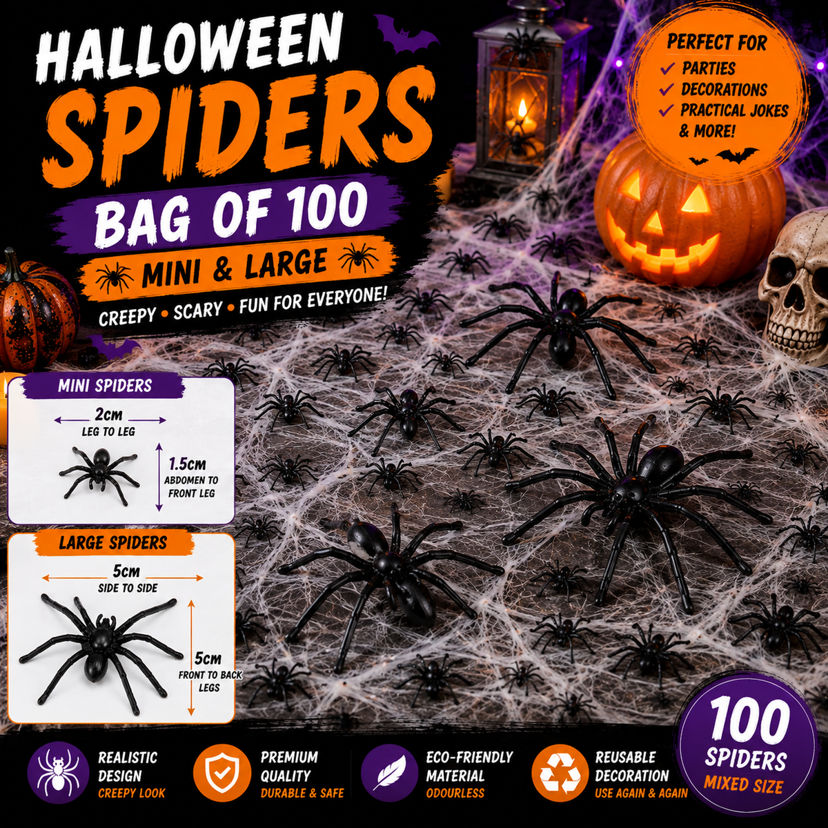 Halloween Spiders Bag of 100 – Mini & Large Black Spider Decorations