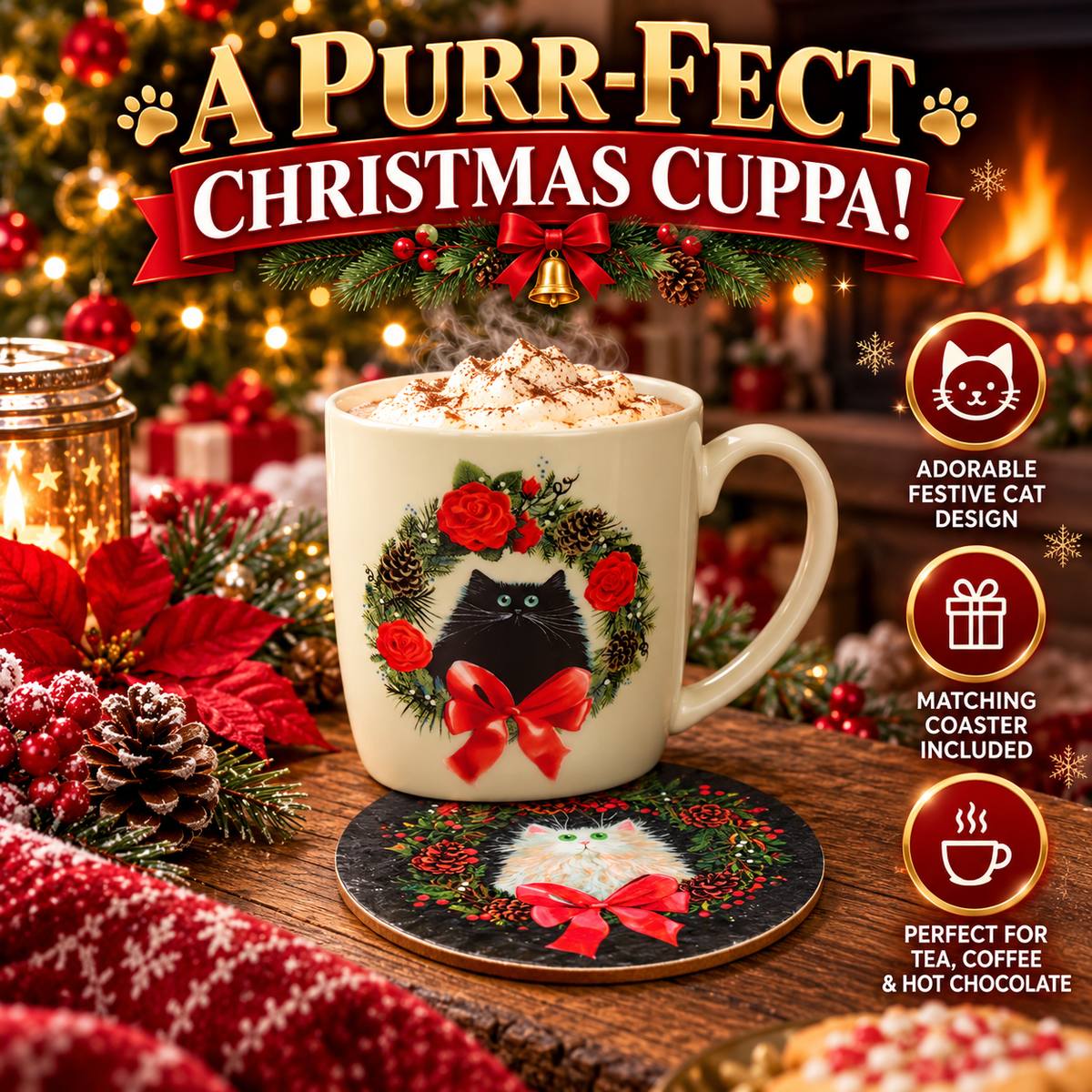 Puckator Kim Haskins Christmas Wreath Cat Porcelain Tea Coffee Mug & Coaster Set