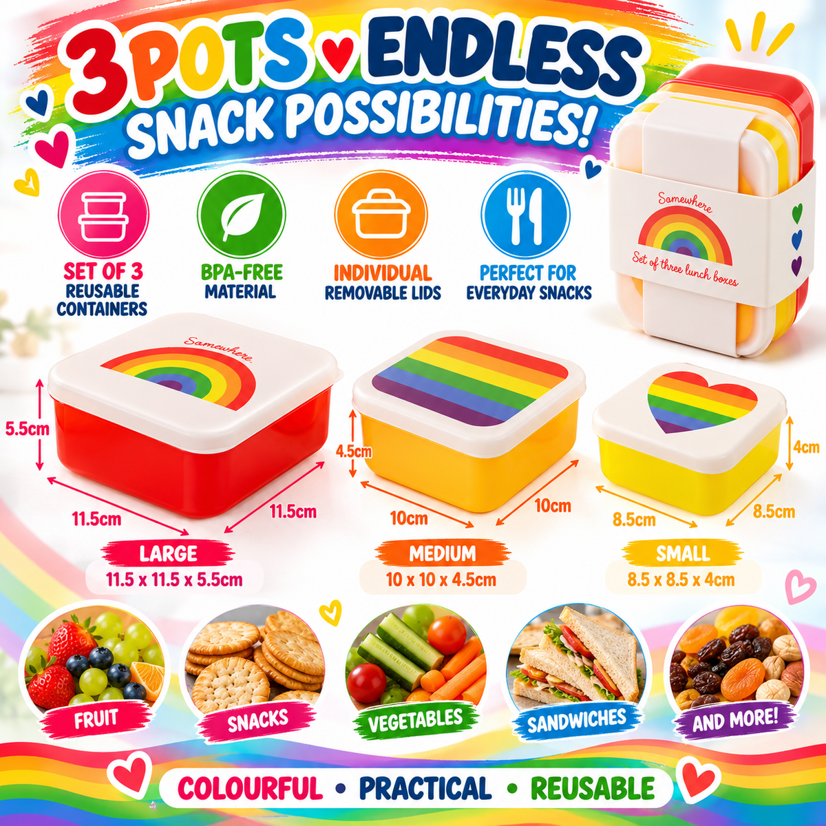 Puckator Somewhere Rainbow Snack Pots & Lunch Boxes – Set of 3