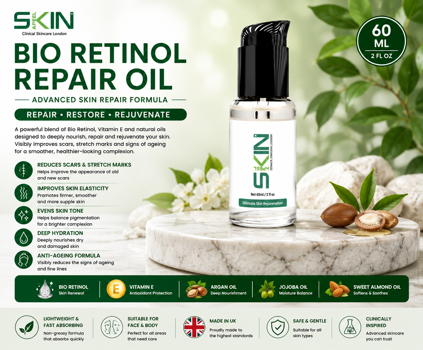 Skinapeel Bio Retinol Repair Oil with Vitamin E 60ml/ 2 fl oz