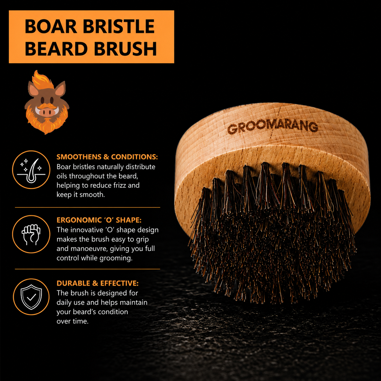 Groomarang ‘O’ Boar Bristle Beard Brush – For Perfect Beard Care and Styling