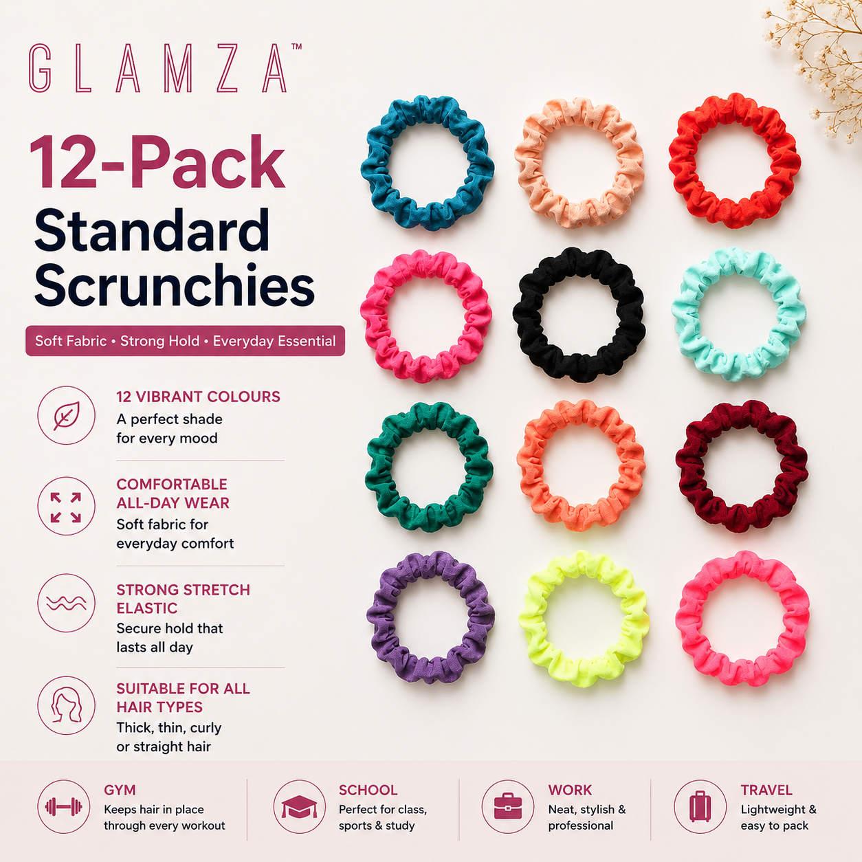Glamza 12-Pack Hair Scrunchies Smooth | Multi-Coloured Soft Hair Ties