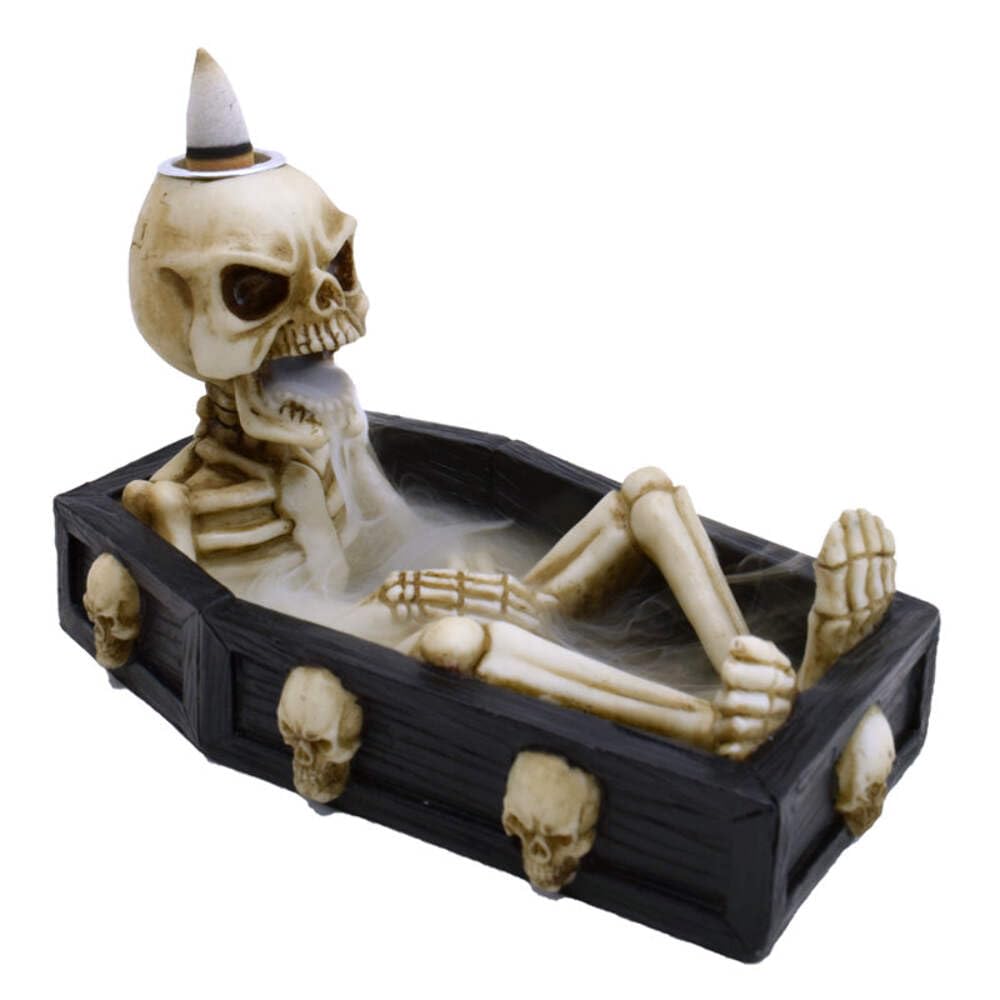 Puckator Skeleton In The Coffin Backflow Incense Burner Home Zen Meditation Decor Accessories Incense Waterfall Cone Burner Spiritual Feng Shui Gothic Goth Relaxation Gifts Gift Desk Ornaments