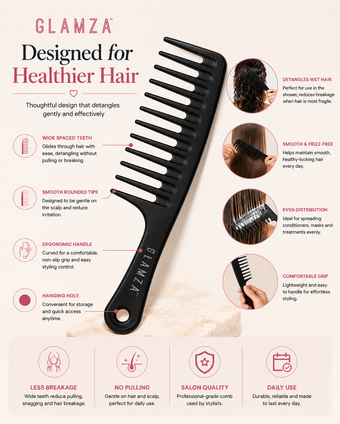 Glamza Big Wide Tooth Comb - Black