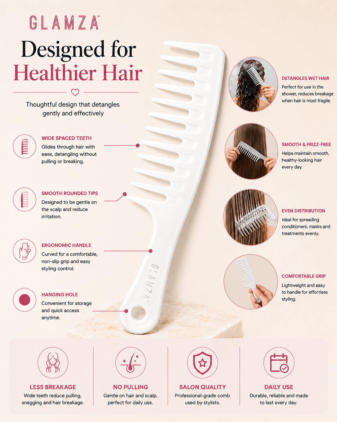 Glamza Big Wide Tooth Comb - White