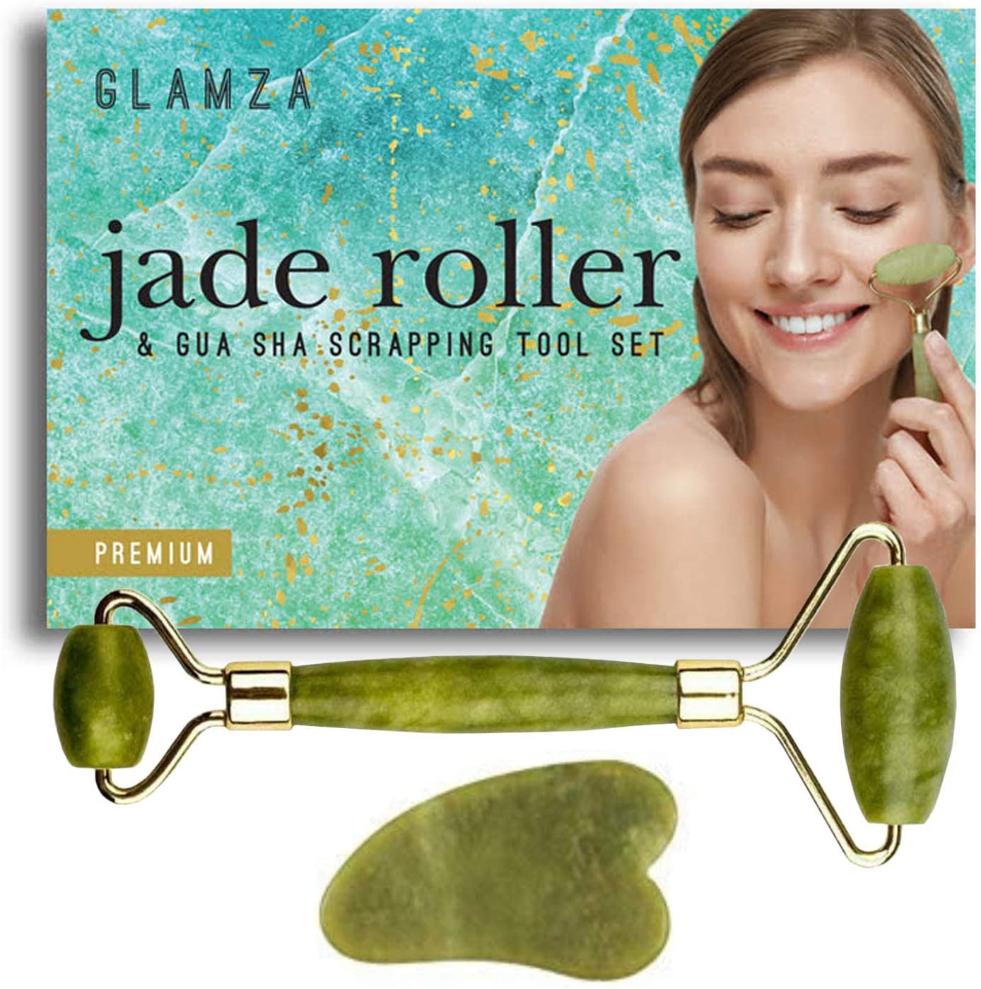 Glamza Jade Roller & Gua Sha Scraping Tool Set